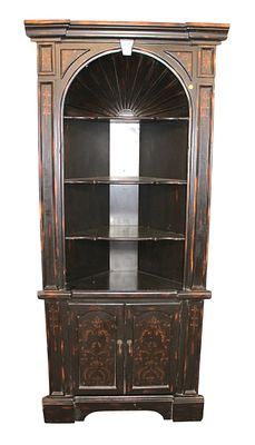 Arch front shell carved open corner display cabinet. Paint decorated arch front shell carved