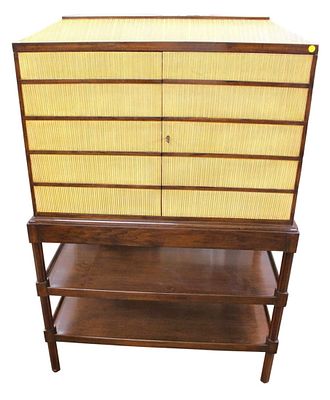 Maitland Smith style Round Tree walnut bar. Round Tree 2 door 3 tier walnut and reeded decorated