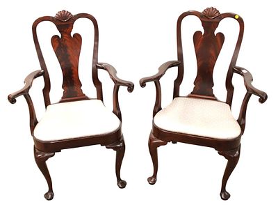 Pr Vtg Kittinger QA upholstered arm chairs. Nice pair of vintage Kittinger burl mahogany shell