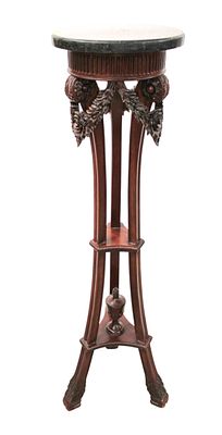 Solid mahogany marble top and carved pedestal, original finish, structurally sound and in good