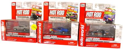 3 Auto World Thunder Jet Ultra 6 electric slot cars in original box with display case. 