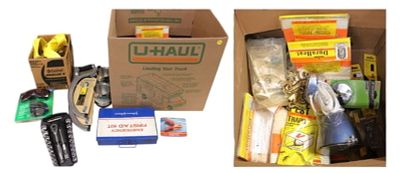 Selection new tools, socket set, hacksaws, straps, laser level and glasses set, vintage 1st aid 