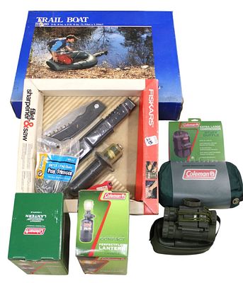 Selection of new camping accessories: fish filet knife with stringer, coleman compact lanterns 