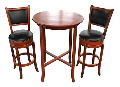 Contemporary mahogany 3pc. Pub Set. Contemporary mahogany finish 3 piece 30" pub set, table and 