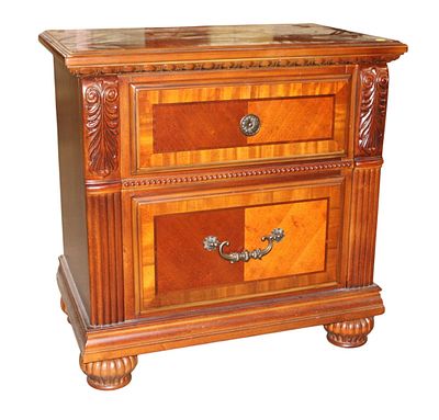 Contemporary mahogany banded nightstand. Contemporary mahogany carved and banded 2 drawer 