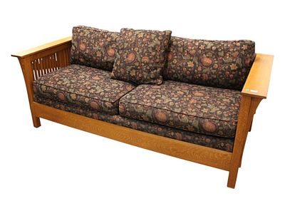 Quality Stickley mission oak slatted even arm sofa, upholstery looks good, original finish 
