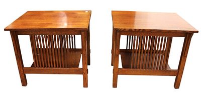 Quality pair of Stickley mission oak lamp tables. Quality pair of Stickley mission oak lamp side 