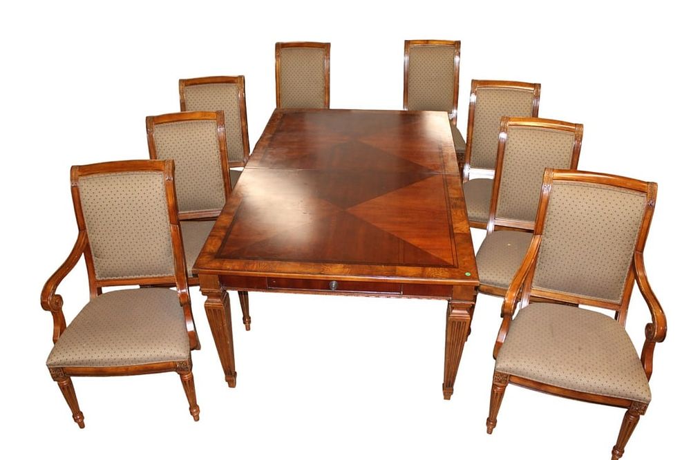 Ethan Allen 9pc burl mahogany & banded dining set. Ethan Allen 9 piece burl mahogany and banded 
