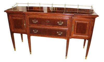 Vintage mahogany & banded sideboard w/brass gallery. Vintage mahogany and banded 2 drawer 2 door 