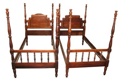 Pair antique walnut rose cared 4 poster twin beds. Pair of antique solid walnut 4 poster twin 