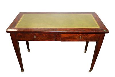French 19th century antique 2 drawer leather top desk, burled mahogany, structurally sound 