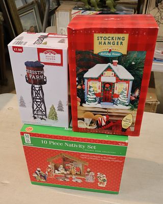 10pc nativity, Xmas farm water tower, stocking hanger. 3 piece lot: 10 piece nativity set 