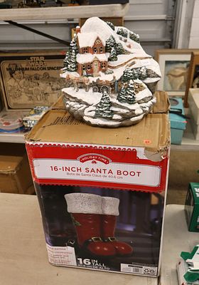 Santa Boots in box & Christmas lighted porcelain scene. 2 piece lot: 16" Santa Boots in box and 