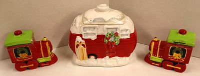 3 Holiday cookie & candy lidded porcelain jars. 3 Holiday cookie lidded porcelain jars, 2 candy 