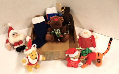 Several holiday stuffed animals and others.