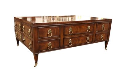 EJ Victor multi drawer burl walnut coffee table with elaborate lion head pulls, original finish 