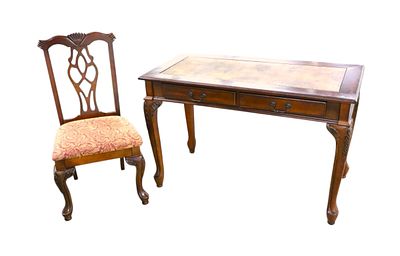 2 piece solid mahogany 2 drawer writing desk with chair with world map leather style top 