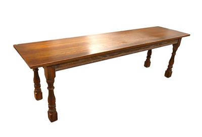 Impressive quality solid oak large sofa console table, original finish, structurally sound and 