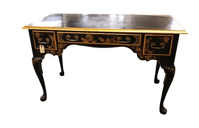 Chinoiserie decorated 3 drawer writing desk in black lacquer, original finish, structurally 