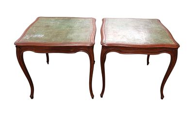 Pair of antique leather top french style square game tables in mahogany shows some age and 