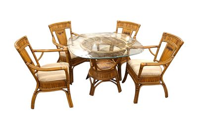 Quality rattan 5 piece dining set, bevel glass top table and 4 chairs upholstery looks good 
