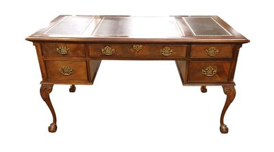 Quality burl mahogany ball and claw chippendale style leather top writing desk, leather looks 