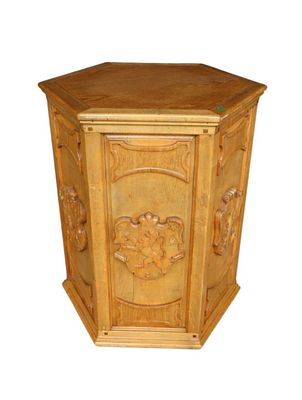 Mid Century octagon carved pedestal table in mixed woods oak and other, original finish 