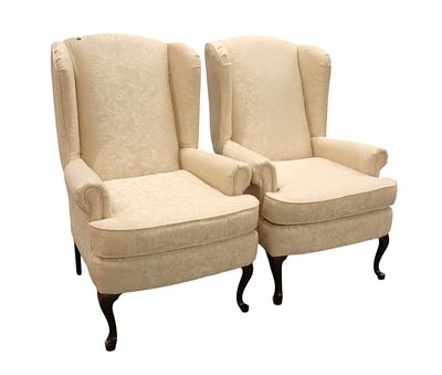 Pair of sculpture upholstered queen anne fireside chairs in the off white, structurally sound 