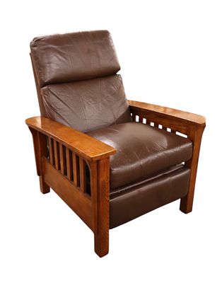 Mission oak leather recliner with slatted sides, original finish, works as should, structurally 