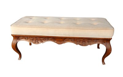 Upholstered country french style carved walnut window bench. Upholstered country french style 