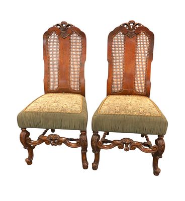 Pair of antique william and mary style upholstered walnut side chairs. Pair of antique william 