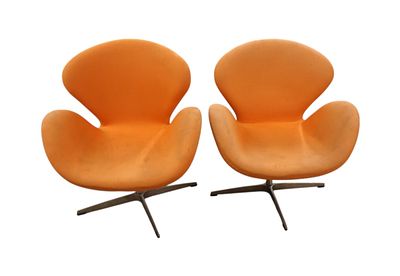 Pair of vintage Arne Jacobsen style upholstered swivel swan chairs, works as should, orange 