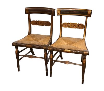 Pair of antique stenciled rush bottom chairs, structurally sound repaired stretcher. 33"h x 