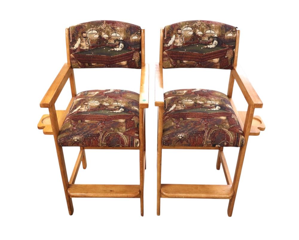 Pair of billiard high top upholstered mahogany chairs with cup holders. Pair of billiard high 
