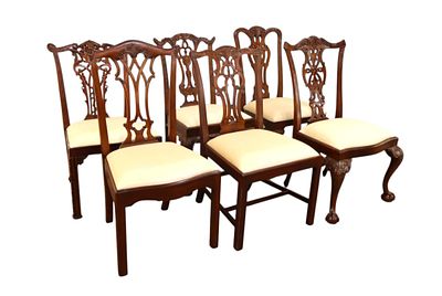 6 Maitland Smith dining room chairs in solid mahogany with different designs and patterns, vary 
