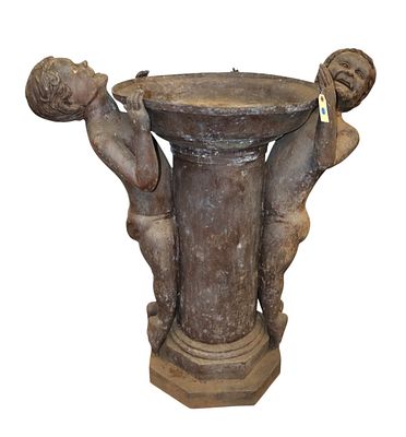 20thC bronze bird bath - roman column and children. 20th century bronze bird bath with roman 