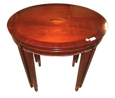 Baker shell carved inlaid oval stacking nesting tables. Baker Furniture burl mahogany and shell 