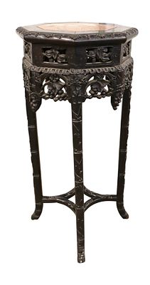 Antique Asian rosewood MT highly carved pedestal. Antique Asian rosewood marble top highly 
