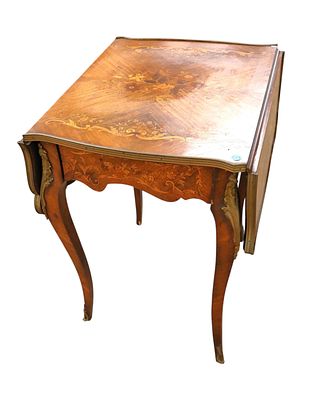 Antique bronze highly inlaid French drop leaf table. Antique highly inlaid 1 drawer French drop 