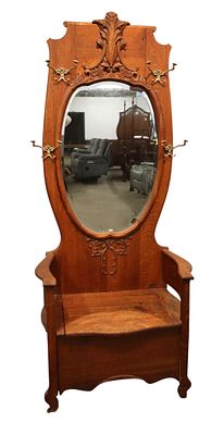 Antique oak carved bevel glass lift top hall rack - nice size. Antique oak carved bevel glass 