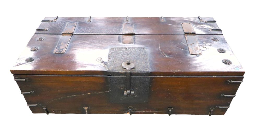 Antique Chinese metal strap rosewood lift top storage trunk, original finish, structurally 