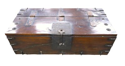 Antique Chinese metal strap rosewood lift top storage trunk, original finish, structurally 