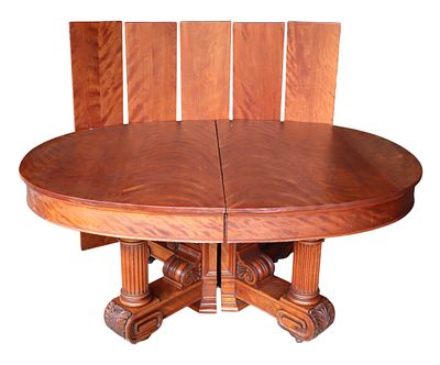 Antique oval flaming birch & mah dining table w/5 leaves. Antique oval dining table in flaming 