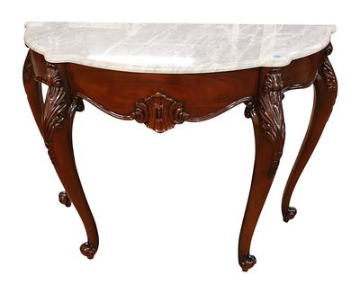 Beautiful carved solid mahogany marble top console table, marble is good, original finish 