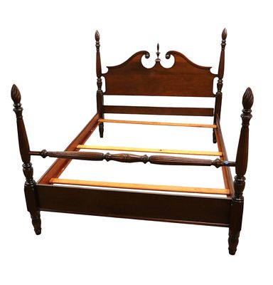 Semi antique solid mahogany full size poster bed with bed slats, original finish, structurally 