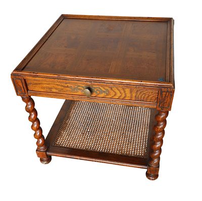 Vintage wicker, oak and burl walnut 1 drawer barley twist lamp table, original finish 