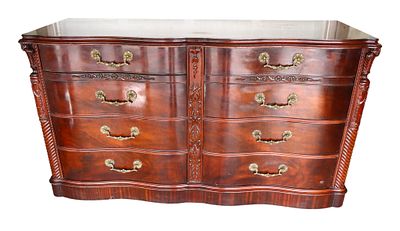 Vintage burl mahogany 8 drawer carved low chest, plume carved on sides, original finish 