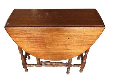 Semi antique walnut drop leaf gate leg table with drawer, marked 15, original finish 