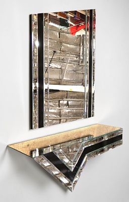 Vintage 2pc art deco style wall console with mirror. Vintage 2 piece art deco style wall console 