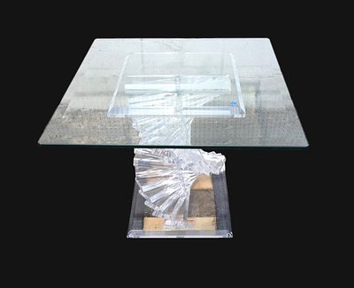 Ultra MCM staircase glass and Lucite lamp table. Ultra modern mid century staircase glass and 